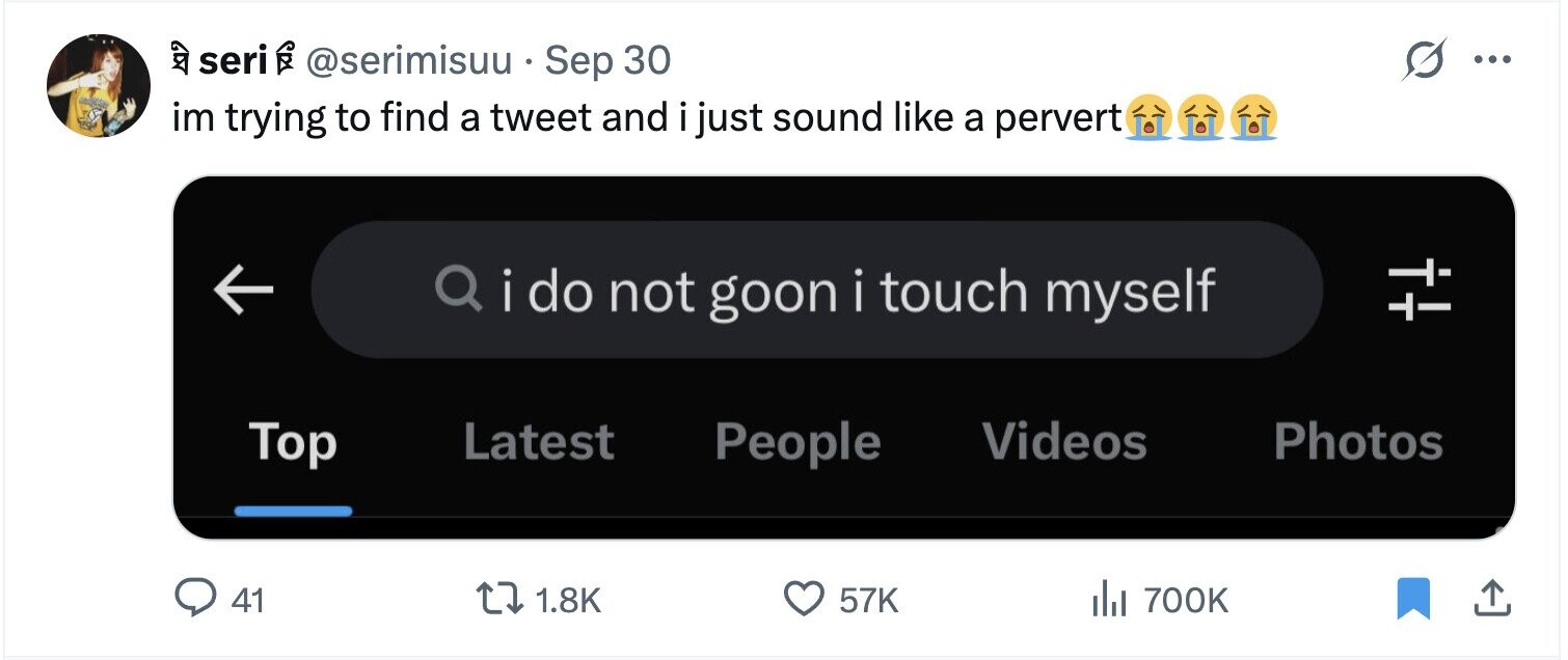 احمر seri 6 @serimisuu Sep 30 ... im trying to find a tweet and i just sound like a pervert i do not goon i touch myself People Videos Photos Top Latest 41 1.8K 57K del 700K 