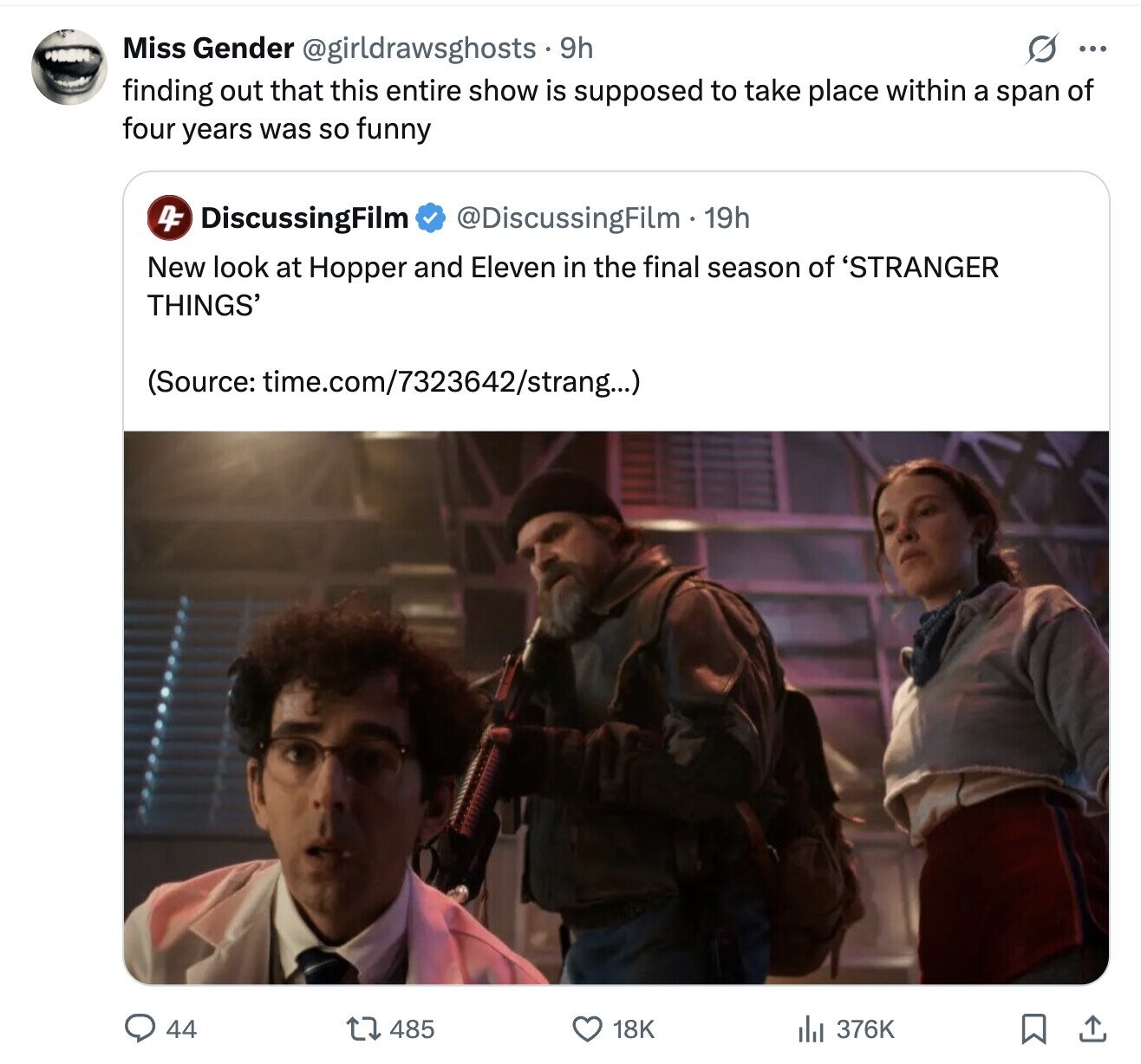 Miss Gender @girldrawsghosts 9 9h s ... finding out that this entire show is supposed to take place within a span of four years was so funny DF DiscussingFilm @DiscussingFilm 19h New look at Hopper and Eleven in the final season of 'STRANGER THINGS' (Source: time.com/7323642/strang...) 44 485 18K 376K 