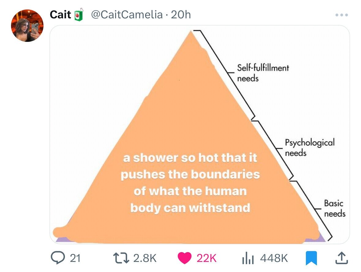 Cait @CaitCamelia 20h Self-fulfillment needs Psychological needs a shower so hot that it pushes the boundaries of what the human Basic body can withstand needs 21 2.8K 22K 448K