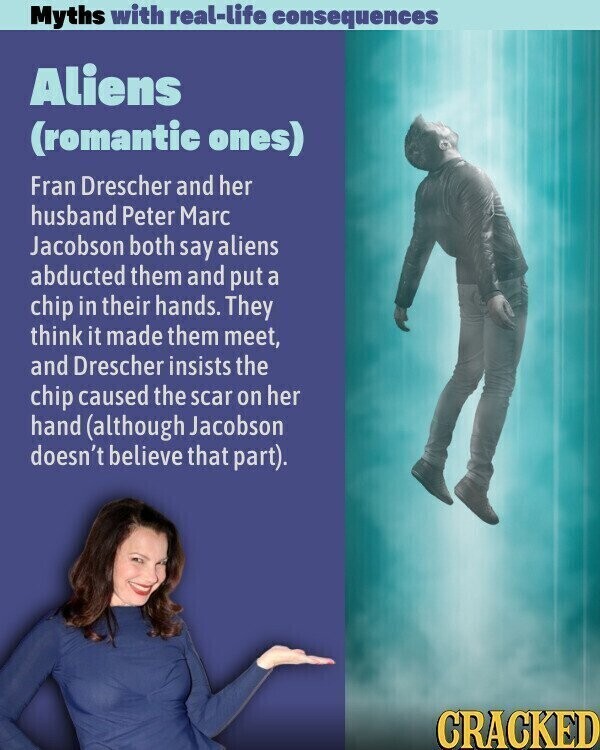 Myths with real-life consequences Aliens (romantic ones) Fran Drescher and her husband Peter Marc Jacobson both say aliens abducted them and put a chip in their hands. They think it made them meet, and Drescher insists the chip caused the scar on her hand (although Jacobson doesn't believe that part). CRACKED