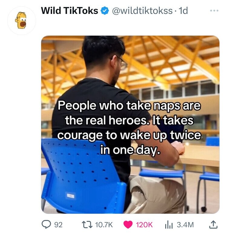Wild TikToks @wildtiktokss.1 1d ... People who take naps are the real heroes. It takes courage to wake up twice in one day. 92 10.7K 120K 3.4M