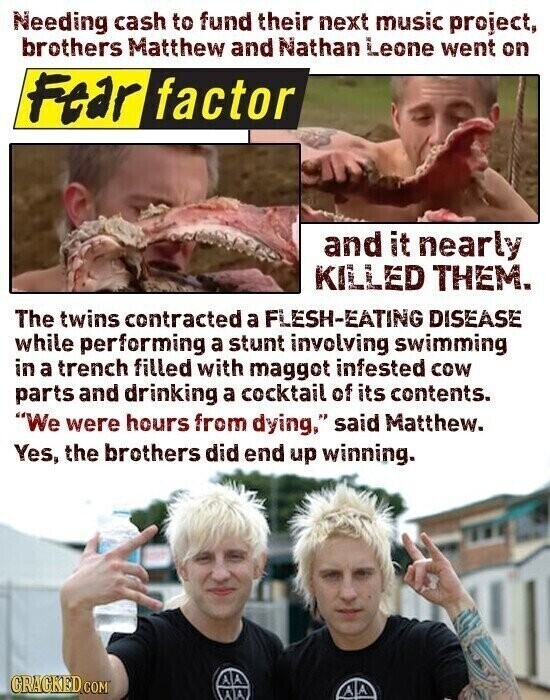 Needing cash to fund their next music project, brothers Matthew and Nathan Leone went on Fear factor and it nearly KILLED THEM. The twins contracted a FLESH-EATING DISEASE while performing a stunt involving swimming in a trench filled with maggot infested cow parts and drinking a cocktail of its contents. We were hours from dying, said Matthew. Yes, the brothers did end up winning. GRAGKED.COM AA A A ALA