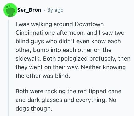 Ser_Bron Зу ago I was walking around Downtown Cincinnati one afternoon, and I saw two blind guys who didn't even know each other, bump into each other on the sidewalk. Both apologized profusely, then they went on their way. Neither knowing the other was blind. Both were rocking the red tipped cane and dark glasses and everything. No dogs though. 