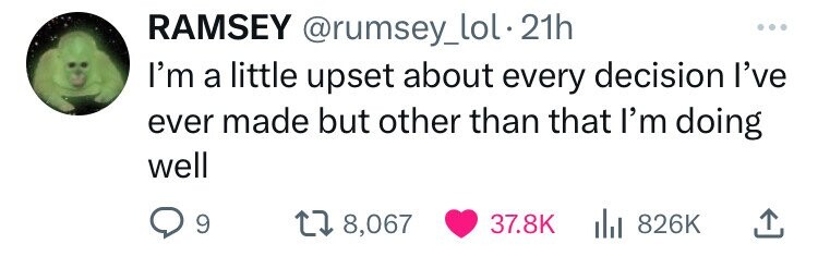 RAMSEY @rumsey_lol.2 21h ... I'm a little upset about every decision I've ever made but other than that I'm doing well 9 8,067 37.8K 826K