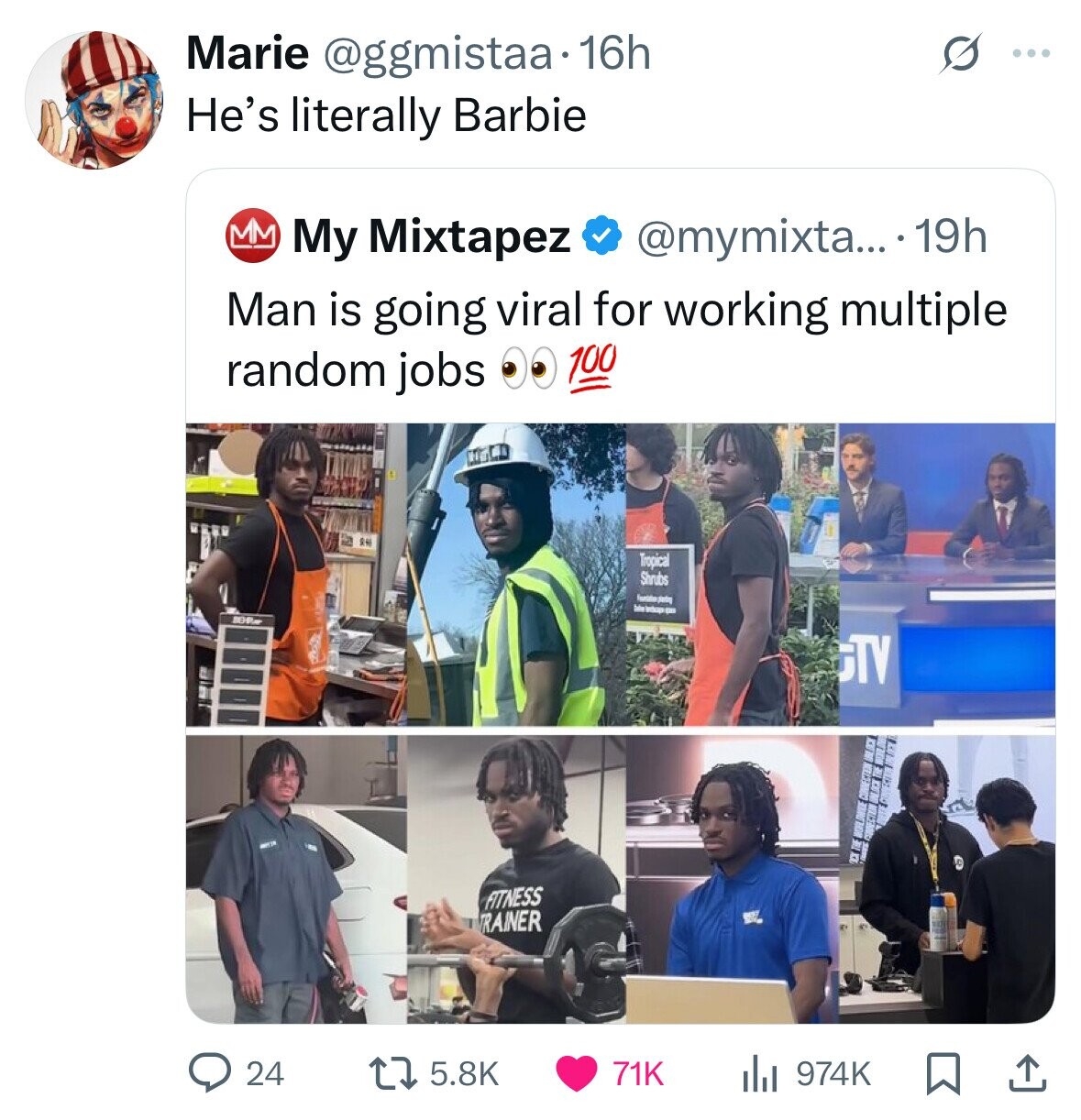 S Marie @ggmistaa 16h ... He's literally Barbie My Mixtapez @mymixta... 19h Man is going viral for working multiple 100 random jobs Tropical Shrubs plenting NEW GVV FITNESS TRAINER 24 5.8K 71K 974K