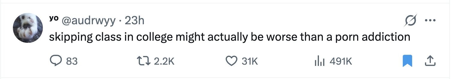 yo @audrwyy 23h ... skipping class in college might actually be worse than a porn addiction 83 2.2K 31K del 491K 