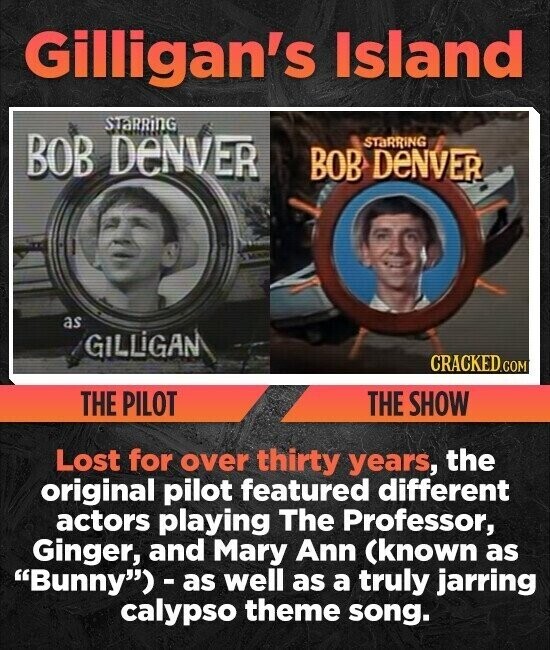 Gilligan's Island STARRING BOB DeNVER STARRING BOB DENVER as GILLIGAN CRACKED.COM THE PILOT THE SHOW Lost for over thirty years, the original pilot featured different actors playing The Professor, Ginger, and Mary Ann (known as Bunny) - as well as a truly jarring calypso theme song.