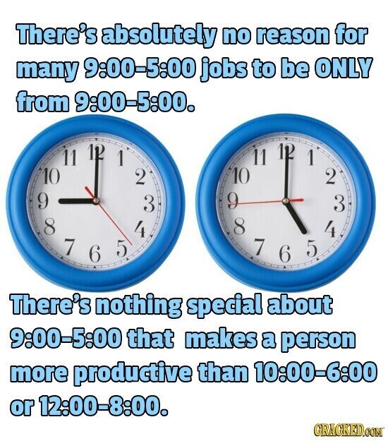 There's absolutely no reason for many 9:00-5:00 jobs to be ONLY from 9:00-5:00. 9 10 8 11 7 12 6 5 1 4 2 3 9 10 8 11 7 12 6 5 1 2 4 3 There's nothing special about 9:00-5:00 that makes a person more productive than 10:00-6:00 or 12:00-8:00. GRAGKED.COM