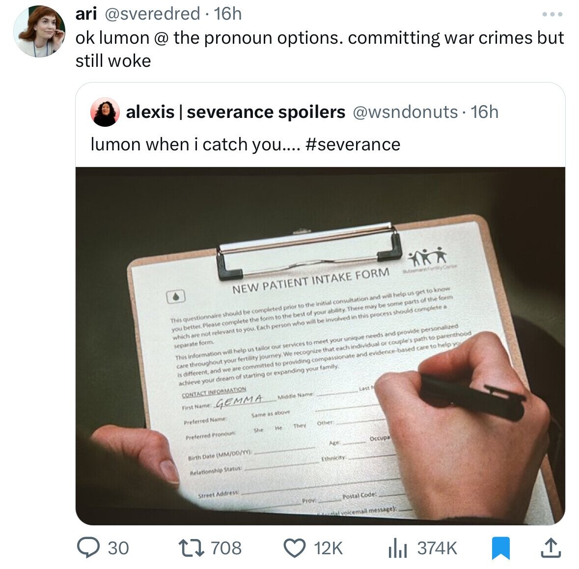 ari @sveredred 16h ok lumon @ the pronoun options. committing war crimes but still woke alexis severance spoilers @wsndonuts.1 16h lumon when i catch you.... #severance NEW PATIENT INTAKE FORM This questionnaire should be completed prior to the initial consultation and will help us get to know you better. Please complete the form to the best of your ability There may be some parts of the form which are not relevant to you. Each person who will be involved in this process should complete a separate form This information will help us tailor our services to meet your unique needs 