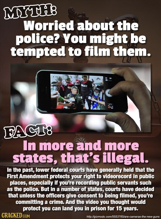 MYTH: Worried about the police? You might be tempted to film them. On Original POLIC POLICE FACT: In more and more states, that's illegal. In the past, lower federal courts have generally held that the First Amendment protects your right to videorecord in public places, especially if you're recording public servants such as the police. But in a number of states, courts have decided that unless the officers give consent to being filmed, you're committing a crime. And the video you thought would protect you can land you in prison for 15 years. CRACKED.COM http://gizmodo.com/5553765/are-cameras-the-new-guns