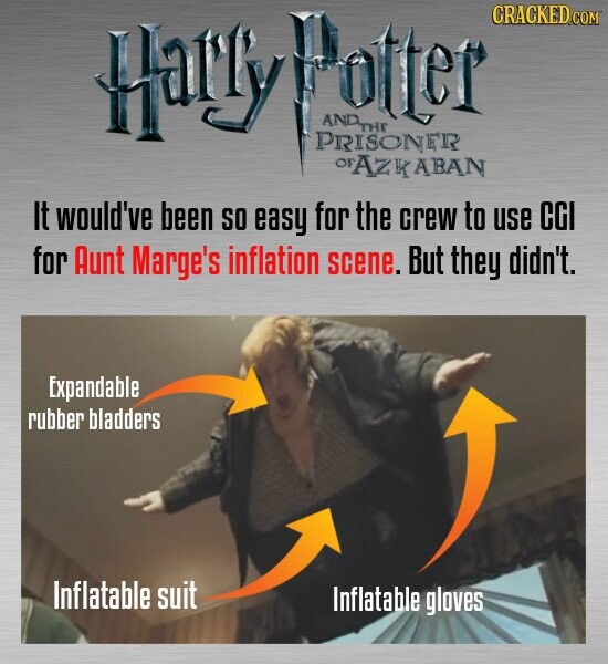 Harry Potter OFAZKABAN CRACKED.COM It would've been SO easy for the crew to use CGI for Aunt Marge's inflation scene. But they didn't. Expandable rubber bladders Inflatable suit Inflatable gloves