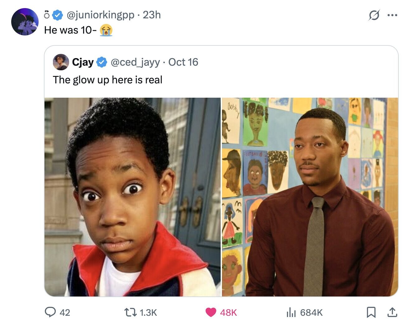 @juniorkingpp . 23h O ... Не was 10- Cjay @ced_jayy Oct 16 The glow up here is real Bobby UNBAI 42 1.3K 684K 48K 