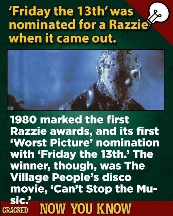 'Friday the 13th' was nominated for a Razzie when it came out. 1980 marked the first Razzie awards, and its first 'Worst Picture' nomination with 'Friday the 13th.' The winner, though, was The Village People's disco movie, 'Can't Stop the Mu- sic.' CRACKED NOW YOU KNOW