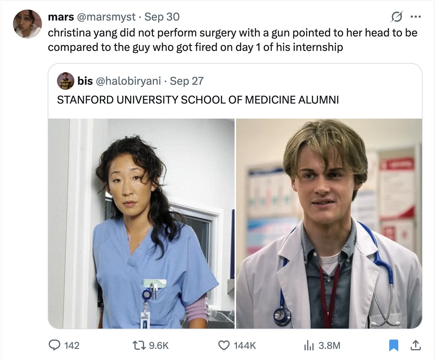 s ... mars @marsmyst Sep 30 christina yang did not perform surgery with a gun pointed to her head to be compared to the guy who got fired on day 1 of his internship bis @halobiryani Sep 27 STANFORD UNIVERSITY SCHOOL OF MEDICINE ALUMNI / 142 9.6K 144K del 3.8M 