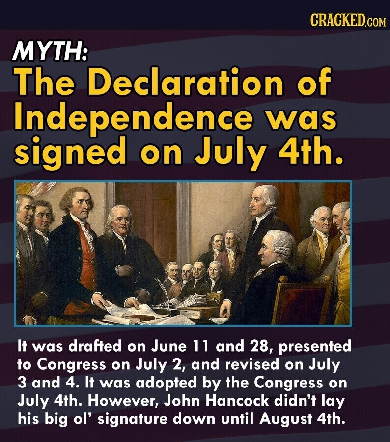 CRACKED.COM MYTH: The Declaration of Independence was signed on July 4th. It was drafted on June 11 and 28, presented to Congress on July 2, and revised on July 3 and 4. It was adopted by the Congress on July 4th. However, John Hancock didn't lay his big ol' signature down until August 4th.