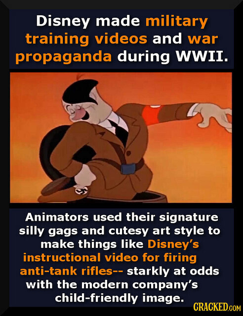 Disney made military training videos and war propaganda during WWII. Animators used their signature silly gags and cutesy art style to make things like Disney's instructional video for firing anti-tank rifles-- starkly at odds with the modern company's child-friendly image. CRACKED.COM