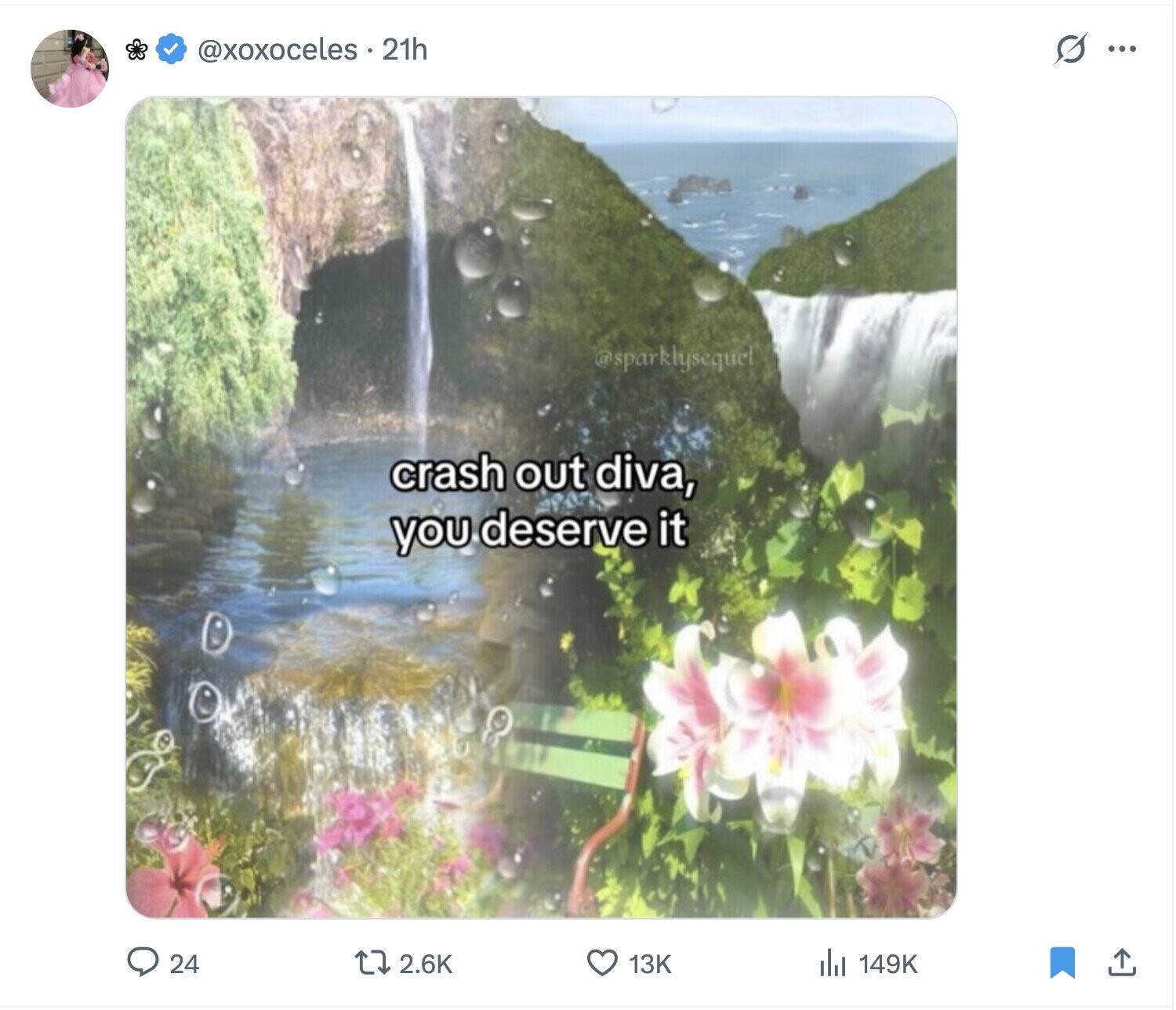 @xoxoceles. 21h s ... @sparklysequel crash out diva, you deserve it 24 2.6K 149K 13K 