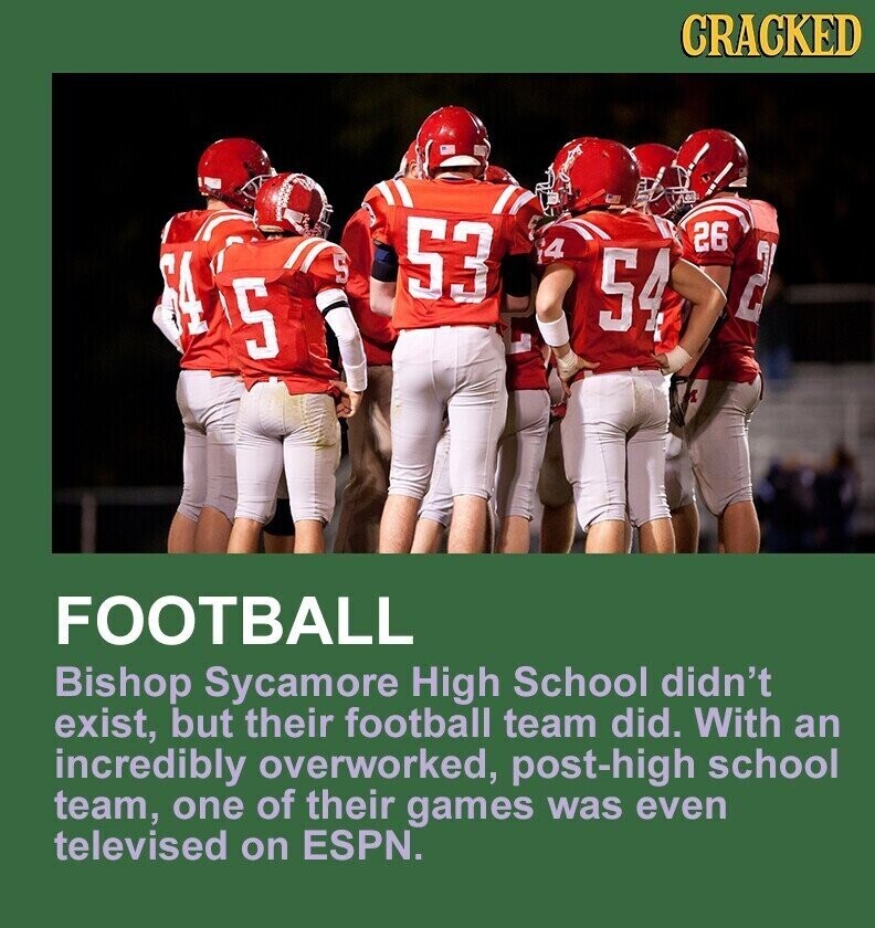 CRACKED 53 26 4 5 2 54 64 S FOOTBALL Bishop Sycamore High School didn't exist, but their football team did. With an incredibly overworked, post-high school team, one of their games was even televised on ESPN.