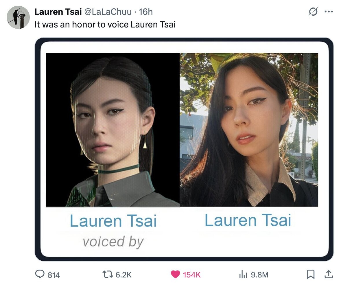 Lauren Tsai @LaLaChuu 16h O ... It was an honor to voice Lauren Tsai Lauren Tsai Lauren Tsai voiced by 814 6.2K 154K del 9.8M