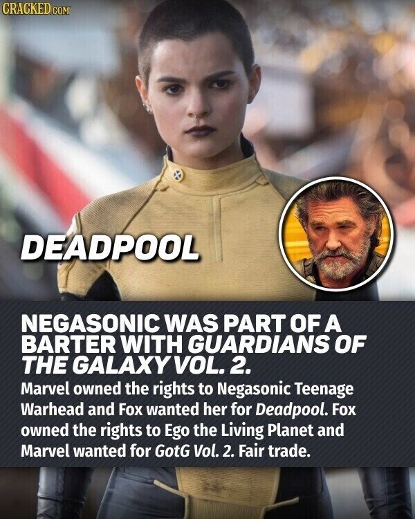 CRACKED.COM DEADPOOL NEGASONIC WAS PART OF A BARTER WITH GUARDIANS OF THE GALAXY VOL. 2. Marvel owned the rights to Negasonic Teenage Warhead and Fox wanted her for Deadpool. Fox owned the rights to Ego the Living Planet and Marvel wanted for GotG Vol. 2. Fair trade.