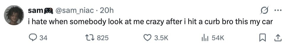 sam @sam_niac 20h ... i hate when somebody look at me crazy after i hit a curb bro this my car 34 825 3.5K del 54K