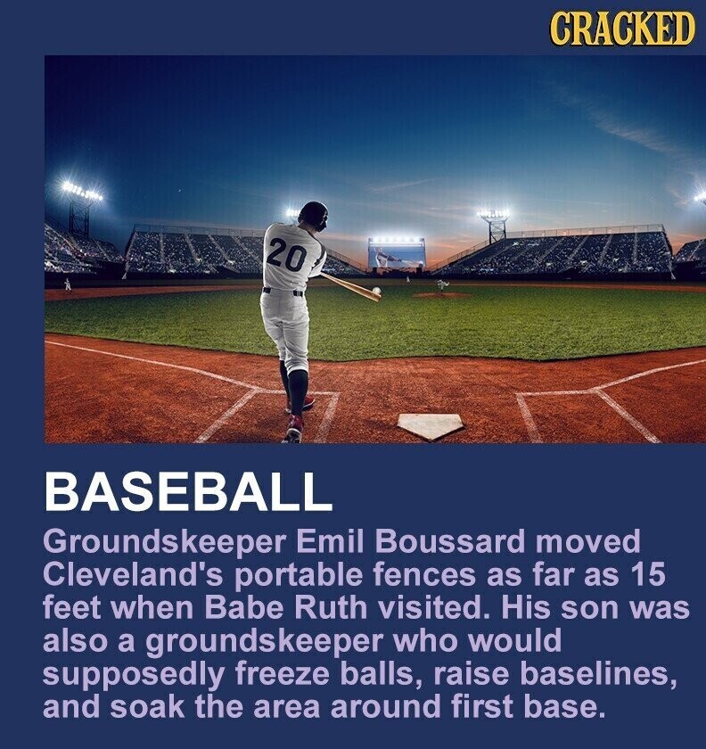 CRACKED 20 BASEBALL Groundskeeper Emil Boussard moved Cleveland's portable fences as far as 15 feet when Babe Ruth visited. His son was also a groundskeeper who would supposedly freeze balls, raise baselines, and soak the area around first base.