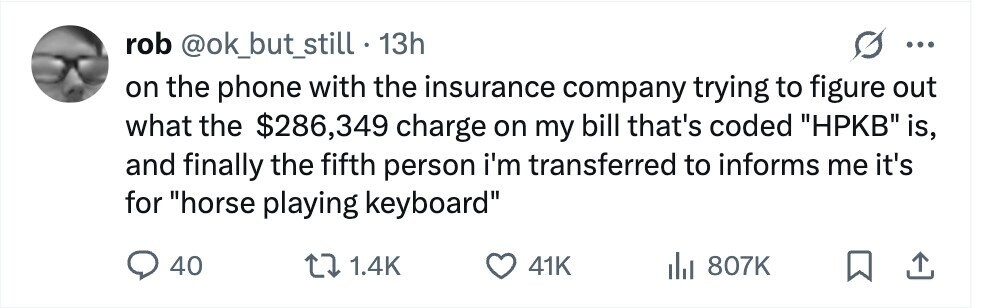 rob @ok_but_still . 1 13h ... on the phone with the insurance company trying to figure out what the $286,349 charge on my bill that's coded НРКВ is, and finally the fifth person i'm transferred to informs me it's for horse playing keyboard 40 1.4K 41K 807K