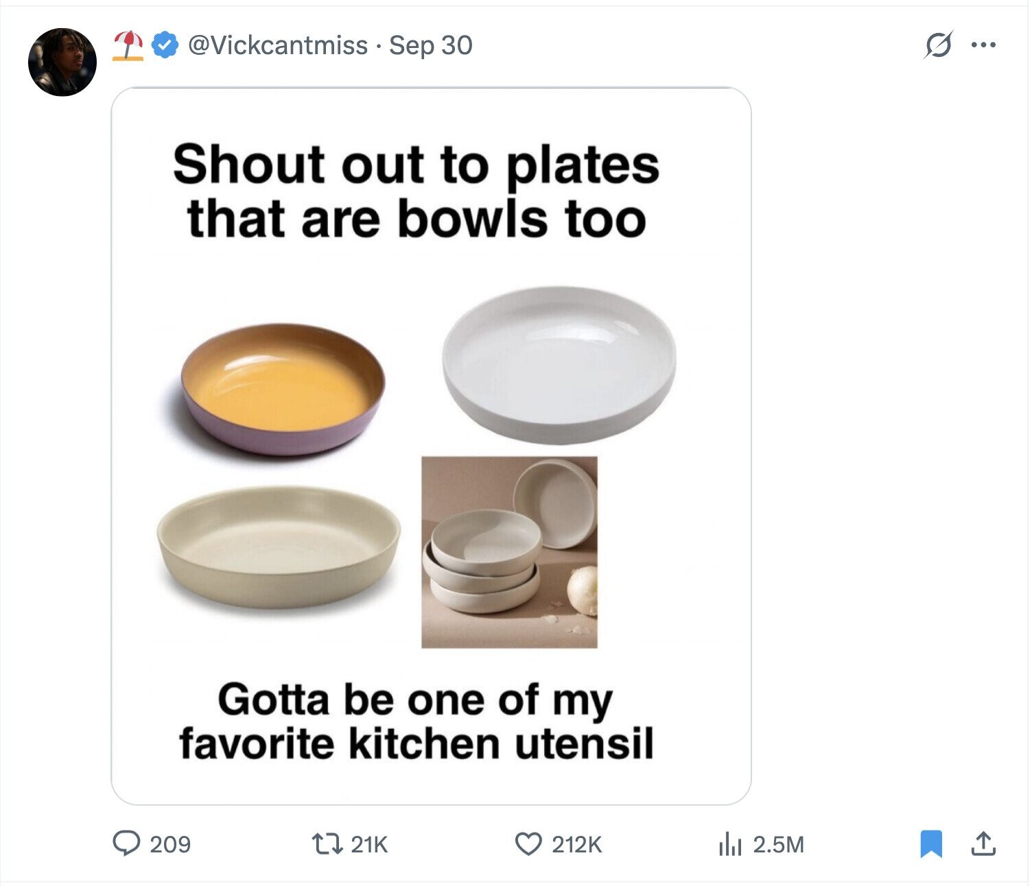 @Vickcantmiss Sep 30 G ... Shout out to plates that are bowls too Gotta be one of my favorite kitchen utensil 209 21K 212K del 2.5M 