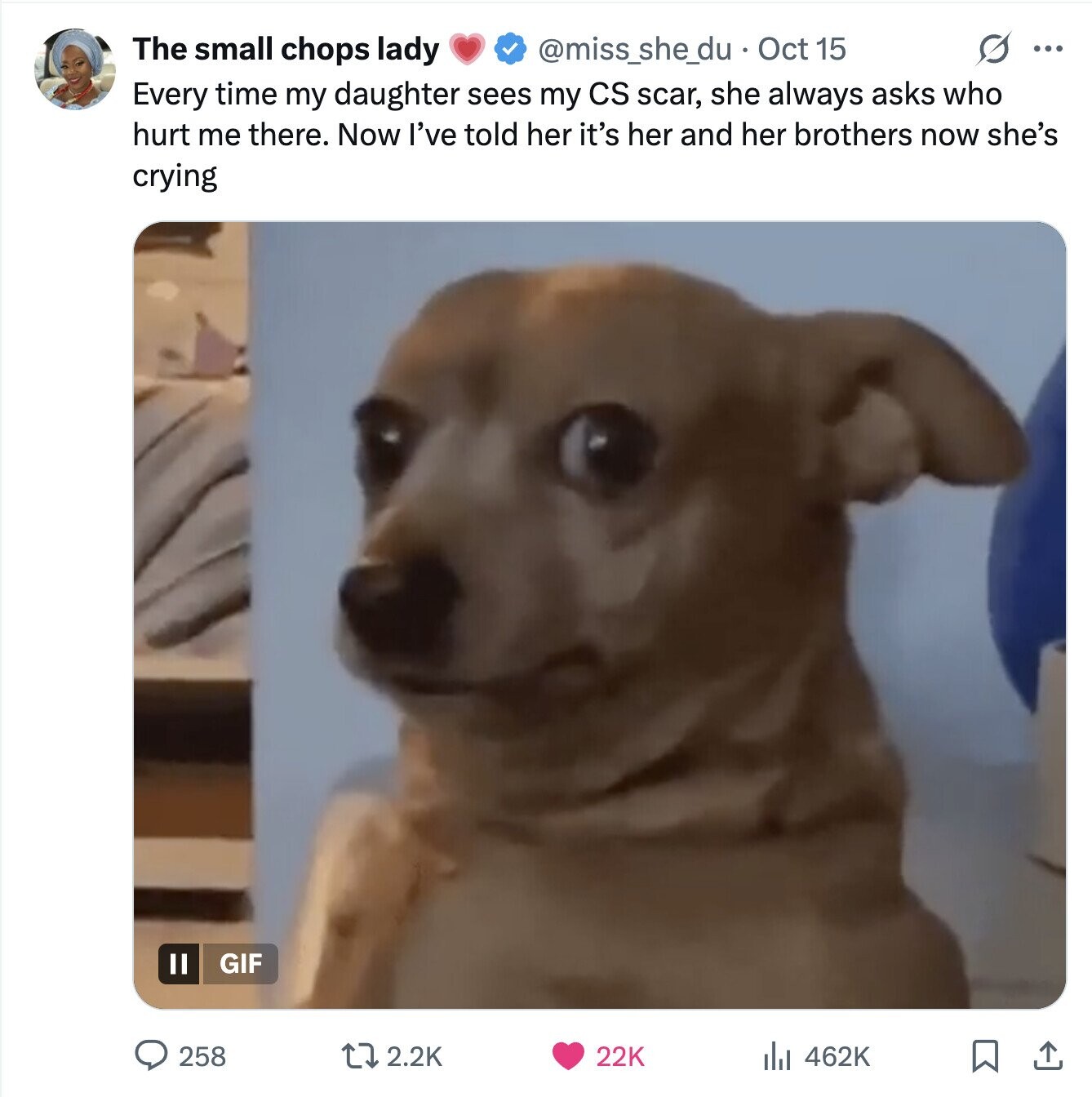 The small chops lady @miss_she_du Oct 15 ... Every time my daughter sees my CS scar, she always asks who hurt me there. Now I've told her it's her and her brothers now she's crying GIF 258 2.2K 22K del 462K 