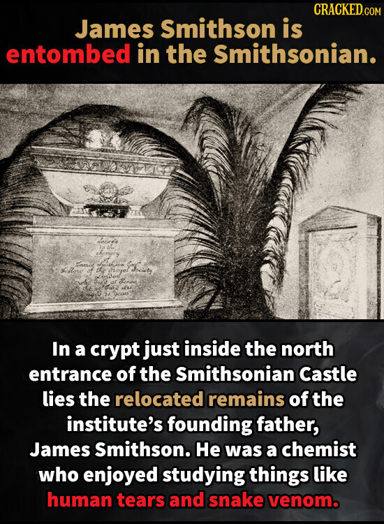 CRACKED.COM James Smithson is entombed in the Smithsonian. Secres la the shampry James Sellow who died at Sense of Society the N yeon In a crypt just inside the north entrance of the Smithsonian Castle lies the relocated remains of the institute's founding father, James Smithson. Не was a chemist who enjoyed studying things like human tears and snake venom.