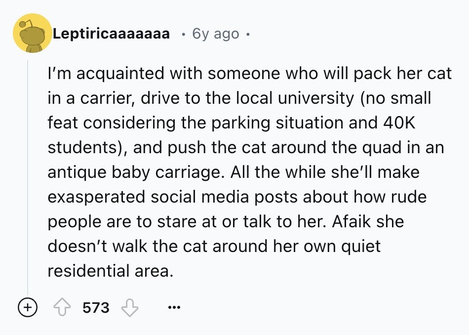 Leptiricaaaaaaa 6y ago I'm acquainted with someone who will pack her cat in a carrier, drive to the local university (no small feat considering the parking situation and 40K students), and push the cat around the quad in an antique baby carriage. All the while she'll make exasperated social media posts about how rude people are to stare at or talk to her. Afaik she doesn't walk the cat around her own quiet residential area. + 573 ...