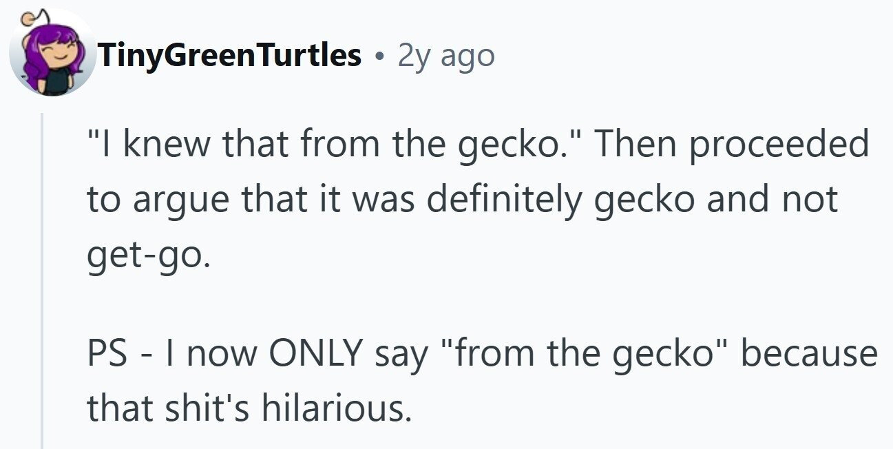 TinyGreenTurtles . 2y ago I knew that from the gecko. Then proceeded to argue that it was definitely gecko and not get-go. PS - I now ONLY say from the gecko because that shit's hilarious.