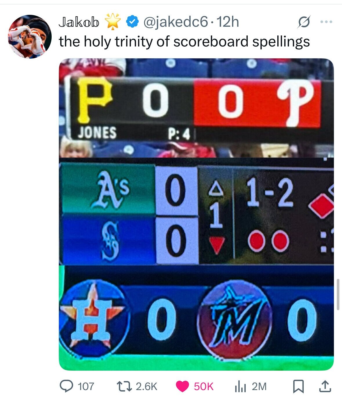 Jakob @jakedc6-12h S ... the holy trinity of scoreboard spellings P JONES O P:4 O P A's 0 1-2 1 S O H O M 0 107 2.6K 50K del 2M