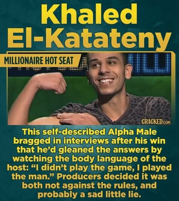 Khaled El-Katateny MILLIONAIRE HOT SEAT CRACKED.COM This self-described Alpha Male bragged in interviews after his win that he'd gleaned the answers by watching the body language of the host: I didn't play the game, I played the man. Producers decided it was both not against the rules, and probably a sad little lie.