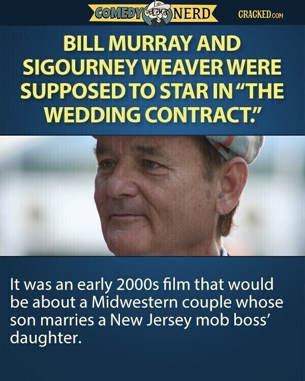 COMEDY NERD CRACKED.COM BILL MURRAY AND SIGOURNEY WEAVER WERE SUPPOSED TO STAR IN THE WEDDING CONTRACT. It was an early 2000s film that would be about a Midwestern couple whose son marries a New Jersey mob boss' daughter.