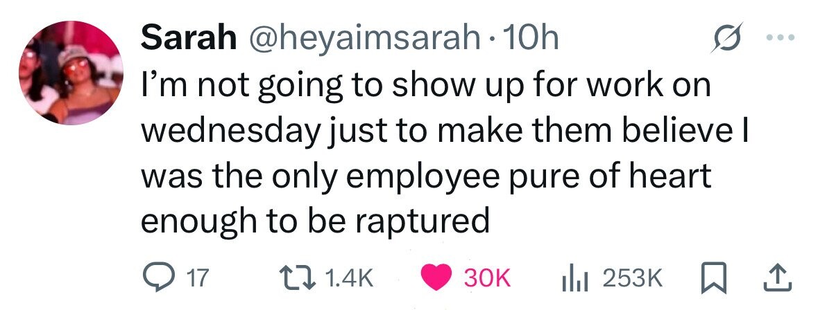 Sarah @heyaimsarah.1 10h I'm not going to show up for work on wednesday just to make them believe I was the only employee pure of heart enough to be raptured 17 1.4K 30K 253K 