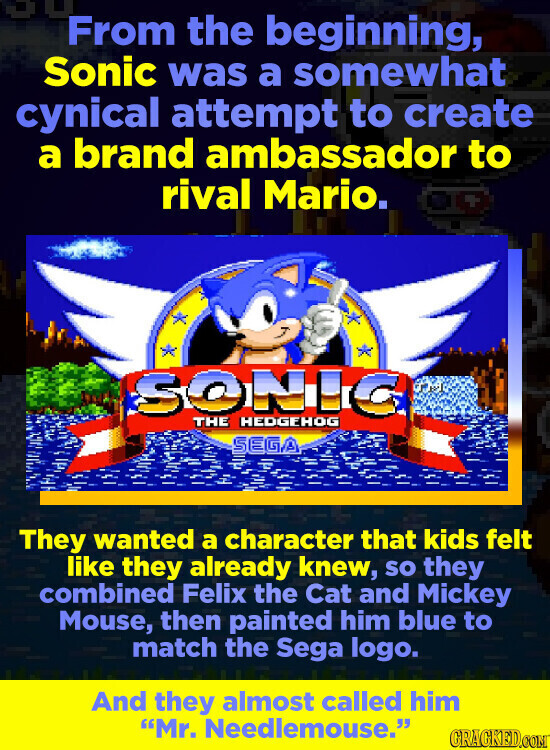 TO From the beginning, Sonic was a somewhat cynical attempt to create a brand ambassador to rival Mario. SONIC THE HEDGEHOG SEGA They wanted a character that kids felt like they already knew, so they combined Felix the Cat and Mickey Mouse, then painted him blue to match the Sega logo. And they almost called him Mr. Needlemouse. GRAGKED.COM