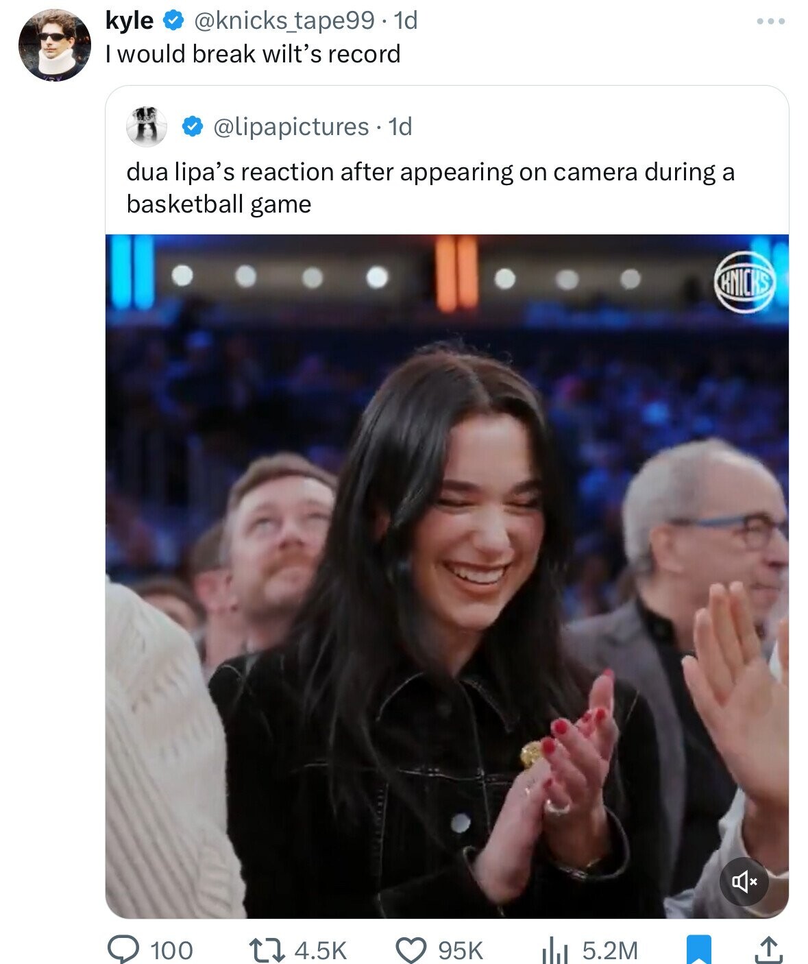 kyle @knickstape99. 1d I would break wilt's record @lipapictures 1d dua lipa's reaction after appearing on camera during a basketball game KNICKS 100 95K 4.5K 5.2M 