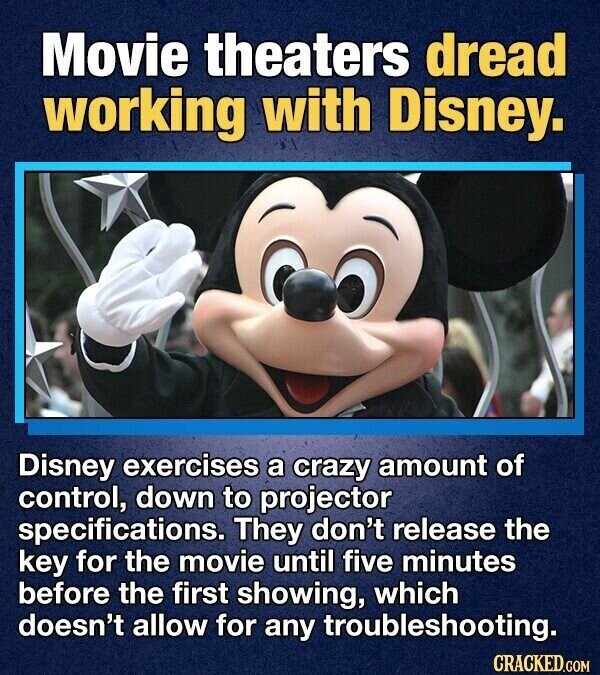 Movie theaters dread working with Disney. Disney exercises a crazy amount of control, down to projector specifications. They don't release the key for the movie until five minutes before the first showing, which doesn't allow for any troubleshooting. CRACKED.COM