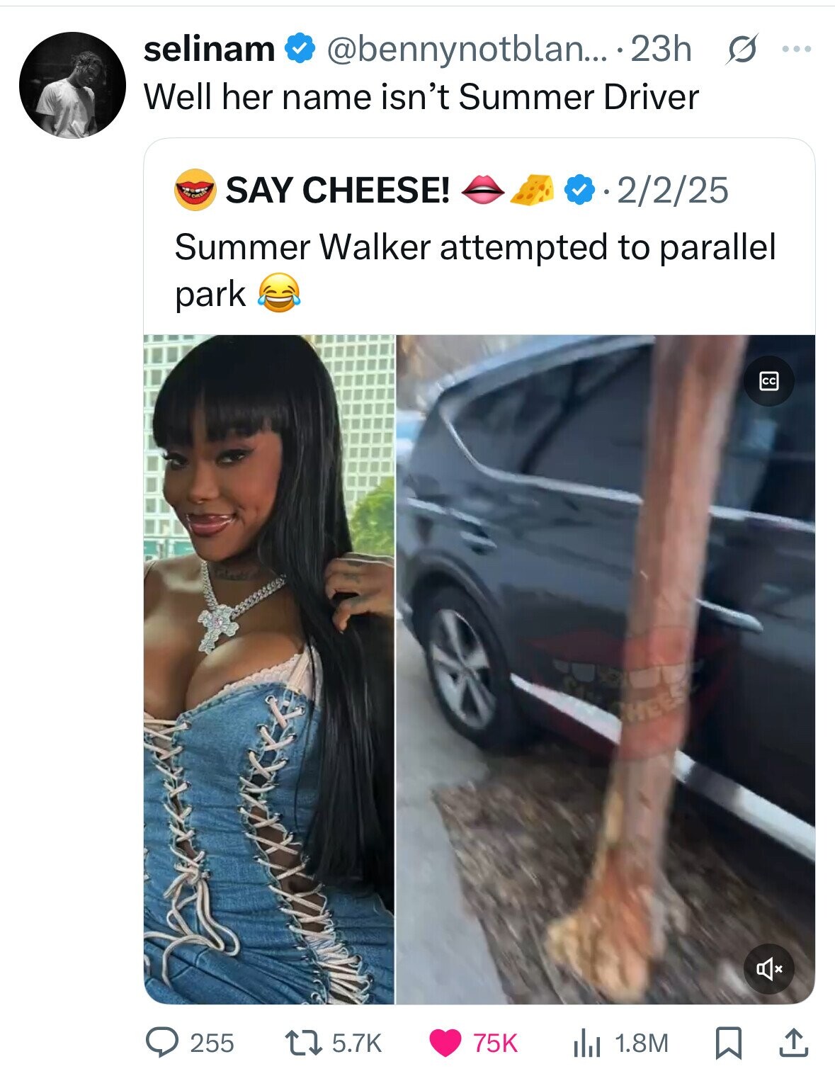 selinam @bennynotblan... 23h s ... Well her name isn't Summer Driver SAY CHEESE! 2/2/25 Summer Walker attempted to parallel park cc WEE 255 5.7K 75K 1.8M 