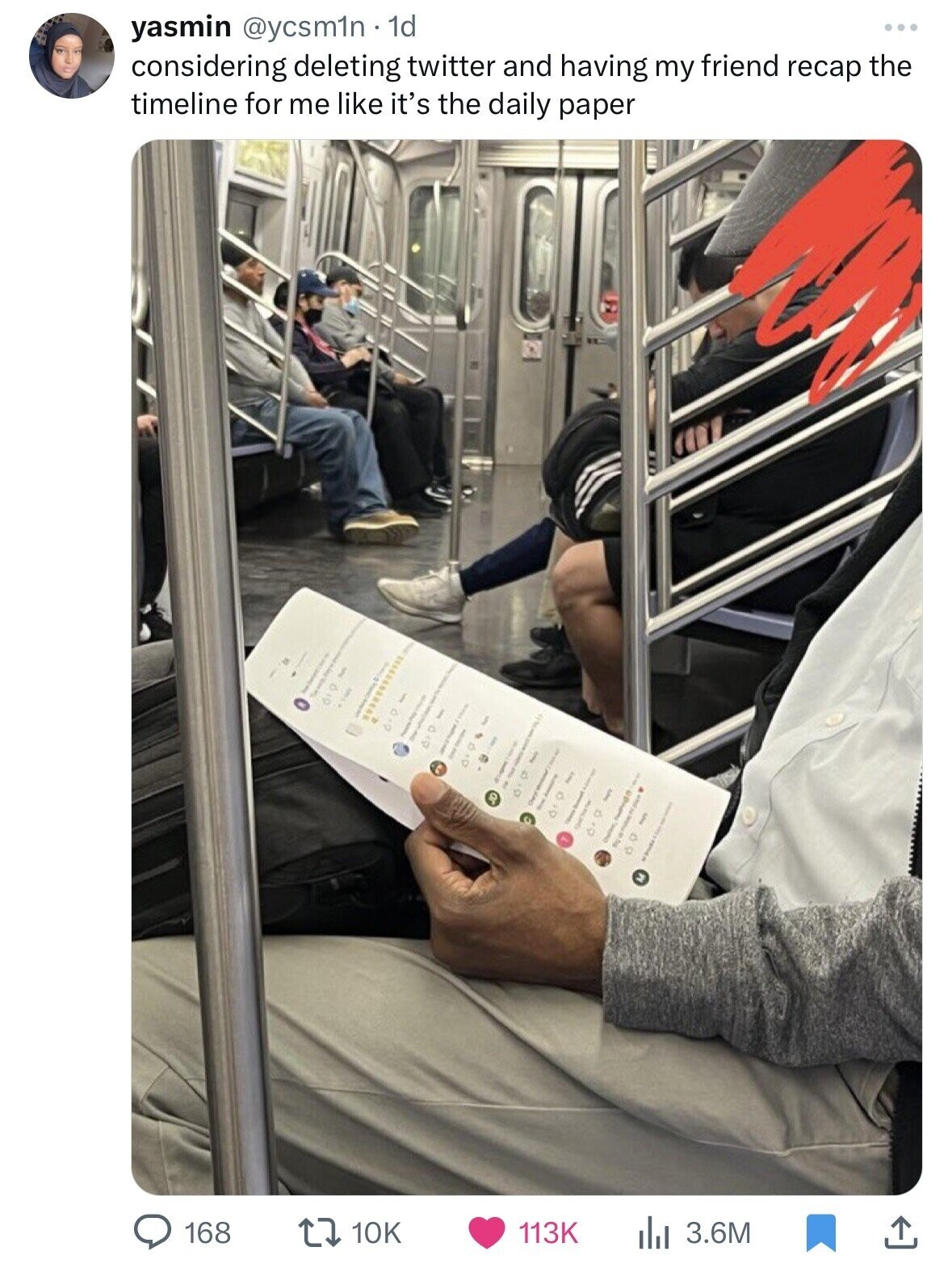 yasmin @ycsm1n 1d considering deleting twitter and having my friend recap the timeline for me like it's the daily paper ... ............ 2 1 I | i de ! I ] I | / I | | / I I I I I di C ة J. DER Dr O 61g 3.6M 113K 10K 168 