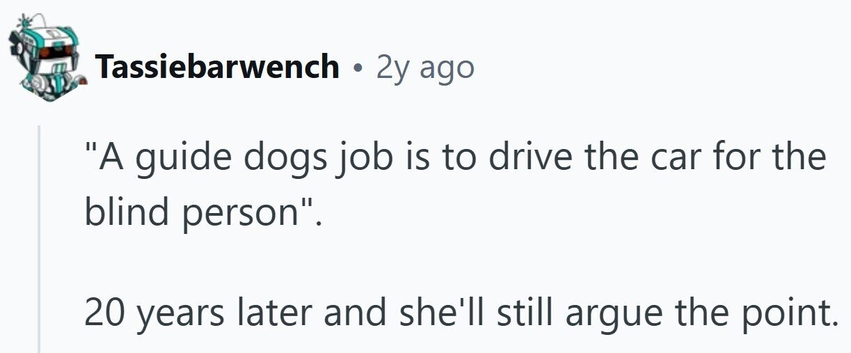 Tassiebarwench . 2y ago A guide dogs job is to drive the car for the blind person. 20 years later and she'll still argue the point.