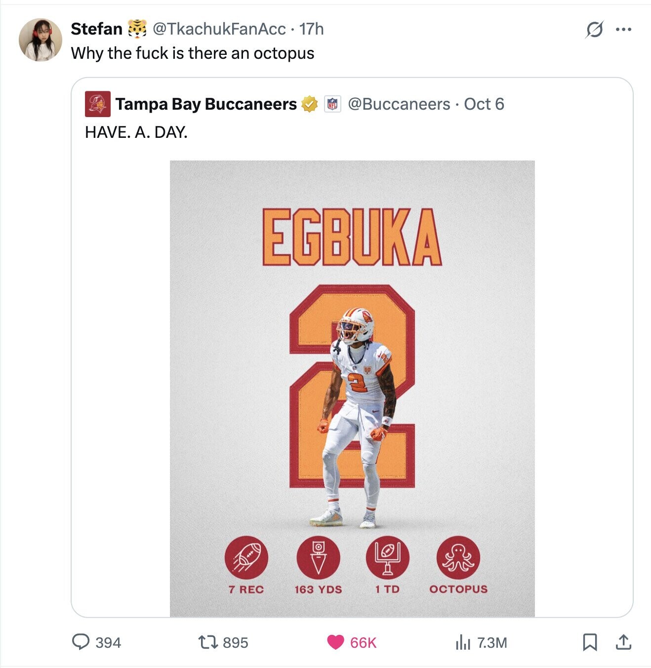 Stefan @TkachukFanAcc. 17h O ... Why the fuck is there an octopus @Buccaneers Oct 6 Tampa Bay Buccaneers HAVE. А. DAY. EGBUKA 2 163 YDS 1TT OCTOPUS 7 REC 394 895 66K del 7.3M 