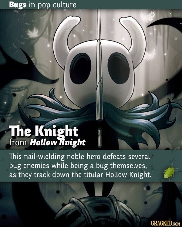Bugs in pop culture The Knight from Hollow Knight This nail-wielding noble hero defeats several bug enemies while being a bug themselves, as they track down the titular Hollow Knight. CRACKED.COM