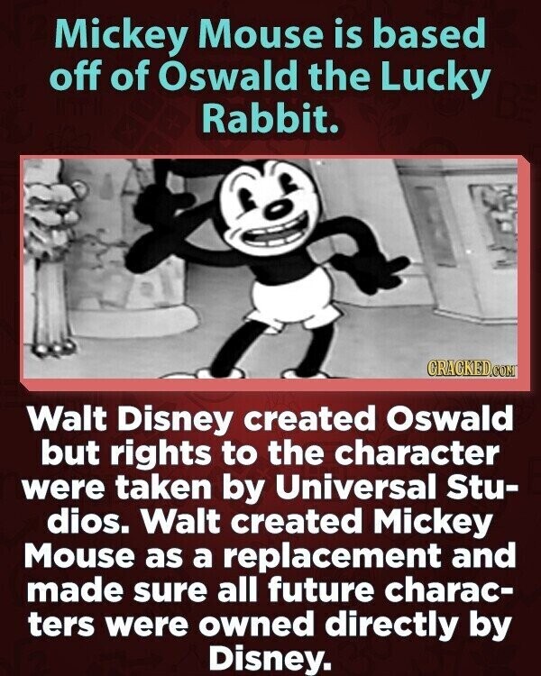 Mickey Mouse is based off of Oswald the Lucky Rabbit. CRACKED.COM Walt Disney created Oswald but rights to the character were taken by Universal Stu- dios. Walt created Mickey Mouse as a replacement and made sure all future charac- ters were owned directly by Disney.