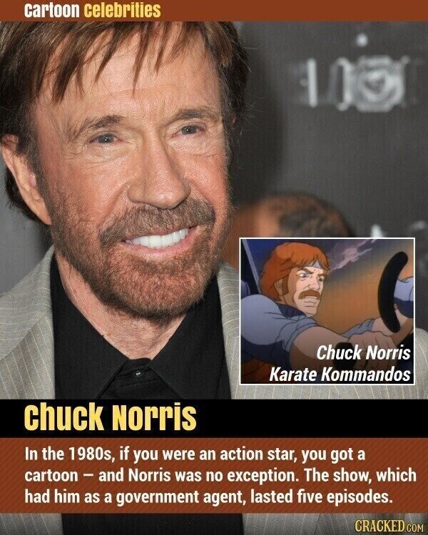 cartoon celebrities Chuck Norris Karate Kommandos chuck Norris In the 1980s, if you were an action star, you got a cartoon - and Norris was no exception. The show, which had him as a government agent, lasted five episodes. CRACKED.COM