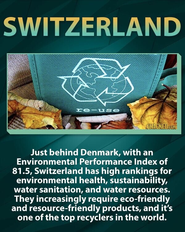 SWITZERLAND re-use GRACKED.COM Just behind Denmark, with an Environmental Performance Index of 81.5, Switzerland has high rankings for environmental health, sustainability, water sanitation, and water resources. They increasingly require eco-friendly and resource-friendly products, and it's one of the top recyclers in the world.