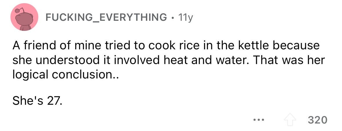 FUCKING_EVERYTHING . 11y A friend of mine tried to cook rice in the kettle because she understood it involved heat and water. That was her logical conclusion.. She's 27. ... 320
