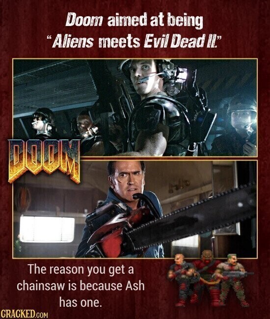 Doom aimed at being Aliens meets Evil Dead IL DOOM The reason you get a chainsaw is because Ash has one. CRACKED.COM