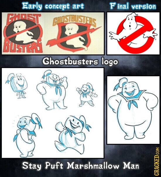 Early concept art F inal version GHOST CHOSTBUSTERS S BUSTERS Ghostbusters logo Stay Puft Marshmallow Man CRACKED.COM
